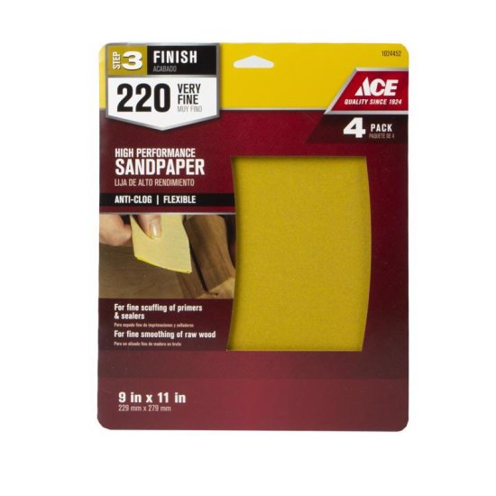 (image for) 11 in. L X 9 in. W 220 Grit Aluminum Oxide All Purpose Sandpaper 4 pk