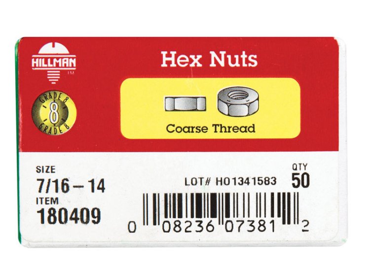 7/16 in. Zinc Dichromate Steel USS Hex Nut 50 pk