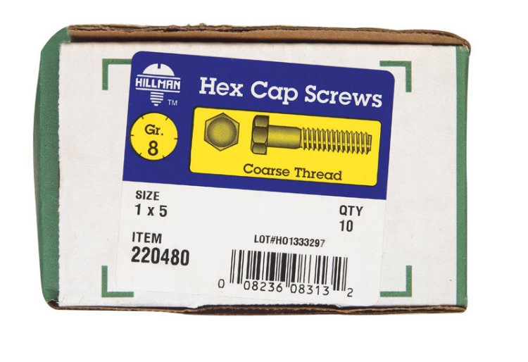 1 in. Dia. x 5 in. L Heat Treated Steel Hex Head Cap Scr