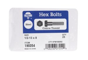 1/2 in. Dia. x 8 in. L Zinc Plated Steel Hex Bolt 25 pk