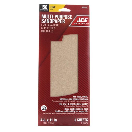 11 in. L X 4-1/2 in. W 150 Grit Sandpaper 5 pk