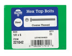 1/2 in. Dia. x 6 in. L Zinc Plated Steel Hex Tap Bolt 25