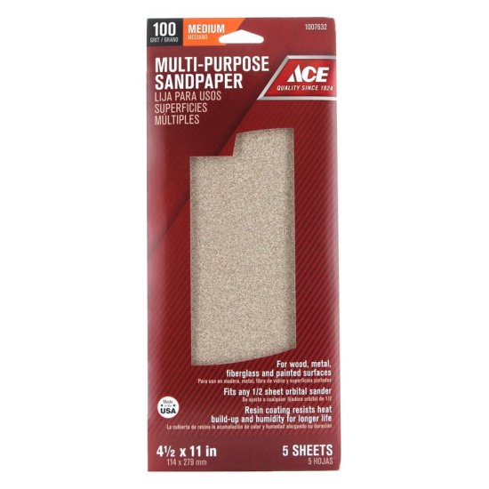 11 in. L x 4-1/2 in W 100 Grit Multi-Purpose Sandpaper 5pk