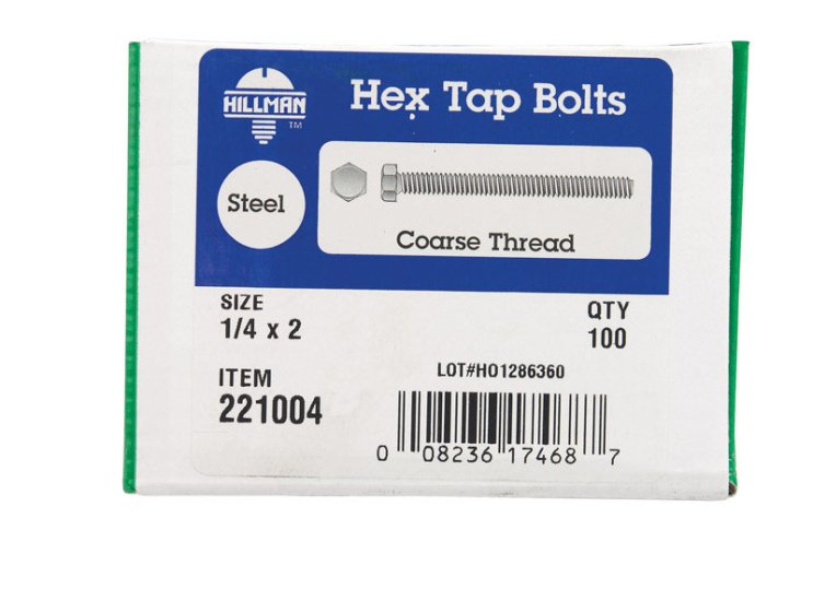 1/4 in. Dia. x 2 in. L Zinc Plated Steel Hex Tap Bolt 10