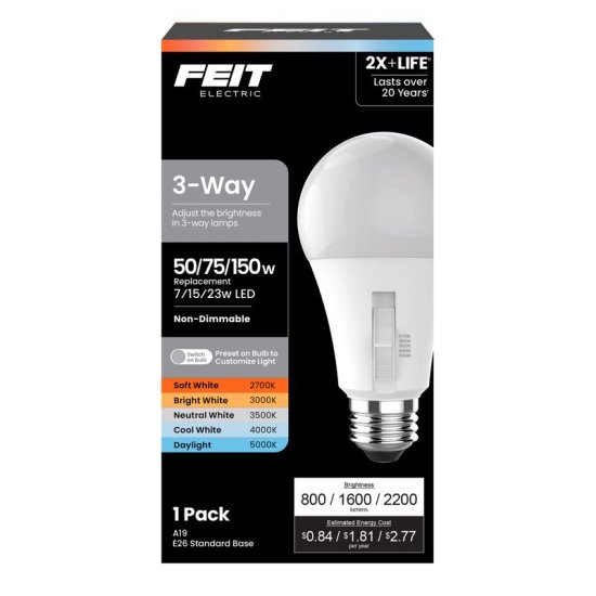 (image for) A19 E26 (Medium) LED Bulb Adjustable White 50/100/150 Watt Equivalence 1 pk