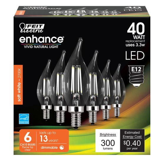 CA10 E12 (Candelabra) Filament LED Soft White 40W Eqv 6-pack