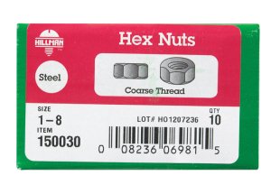 1 in. Zinc-Plated Steel USS Hex Nut 10 pk