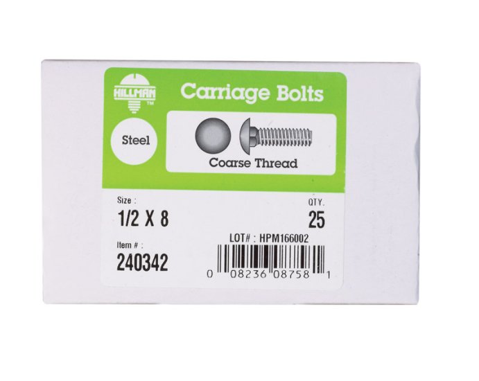 1/2 in. Dia. x 8 in. L Zinc-Plated Steel Carriage Bolt 2