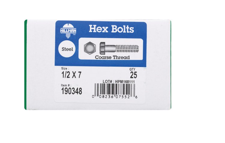 1/2 in. Dia. x 7 in. L Zinc Plated Steel Hex Bolt 25 pk