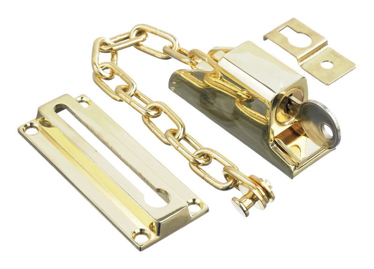 3.32 in. L Bright Brass Steel Keyed Chain Door Guard