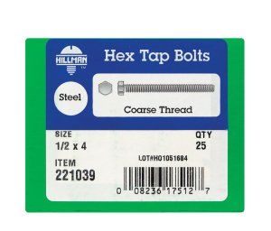 1/2 in. Dia. x 4 in. L Zinc Plated Steel Hex Tap Bolt 25