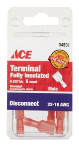 22-16 AWG Insulated Wire Male Disconnect Red 6 pk