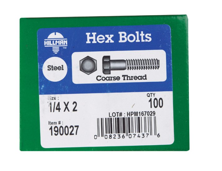 1/4 in. Dia. x 2 in. L Zinc Plated Steel Hex Bolt 100 pk