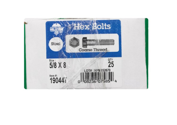 5/8 in. Dia. x 8 in. L Zinc Plated Steel Hex Bolt 25 pk