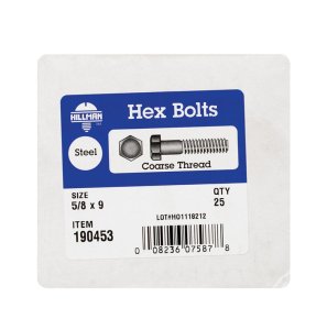 5/8 in. Dia. x 9 in. L Zinc Plated Steel Hex Bolt 25 pk