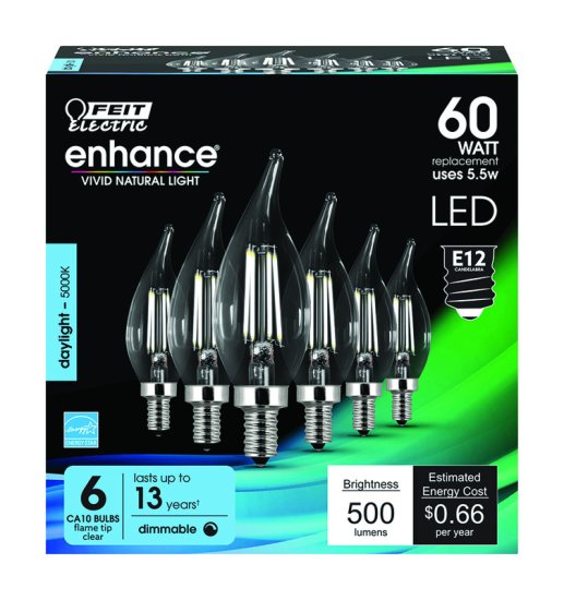 CA10 E12 (Candelabra) Filament LED Bulb Daylight 60 Watt eq. 6pk