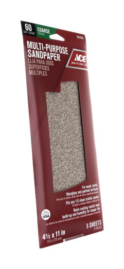 11 in. L x 4-1/2 in. W 60 Grit Aluminum Oxide Sandpaper 5 pk