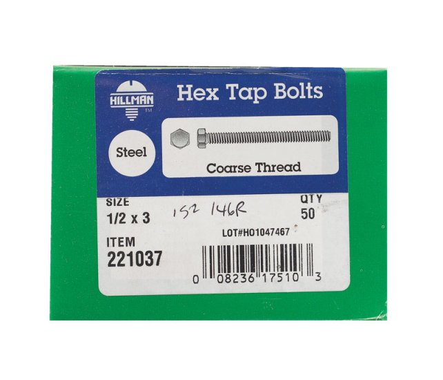 1/2 in. Dia. x 3 in. L Zinc Plated Steel Hex Tap Bolt 50