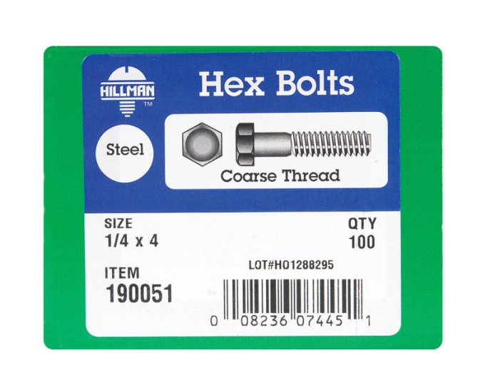 1/4 in. Dia. x 4 in. L Zinc Plated Steel Hex Bolt 100 pk