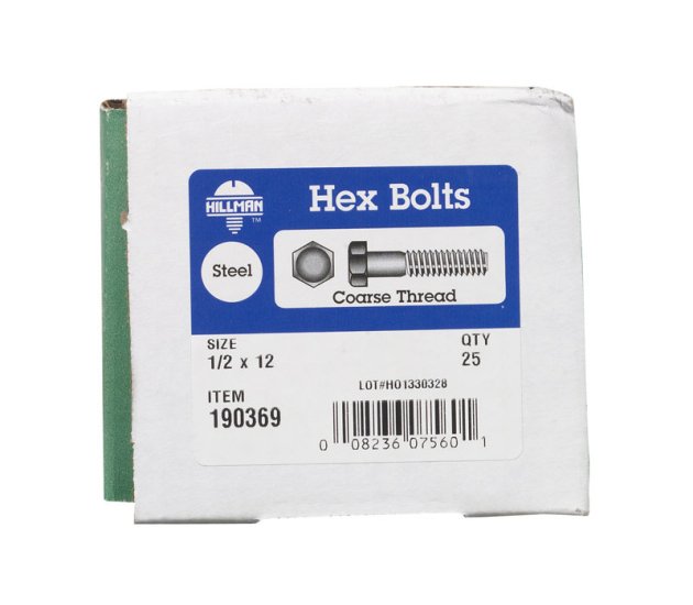 1/2 in. Dia. x 12 in. L Zinc Plated Steel Hex Bolt 25 pk