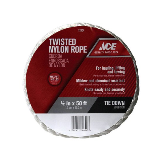 1/2 in. Dia. x 50 ft. L White Twisted Nylon Rope