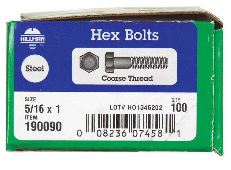 5/16 in. Dia. x 1 in. L Zinc Plated Steel Hex Bolt 100 p